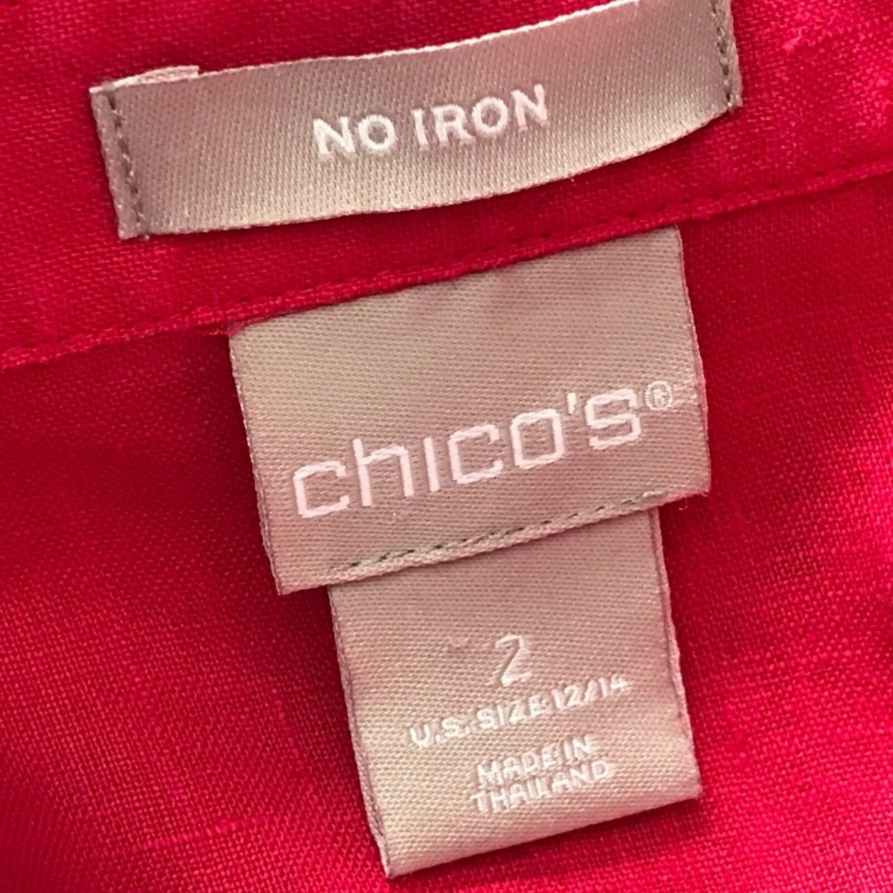 Chicos No-Iron Linen Shirt Top Size 2 Magenta 3/4 Sleeve Button Up Pocket L 12 - Picture 7 of 8